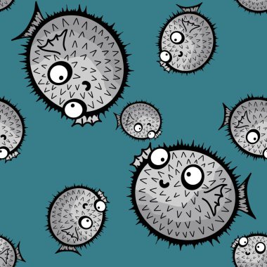 Çizgi filmlerdeki hayvanlar, ambalajsız balon balığı fugu desenli ambalaj kağıtları, kumaşlar, çarşaflar, çocuk giysileri baskıları, şenlikli ambalajlar ve yaz aksesuarları. Yüksek kaliteli illüstrasyon