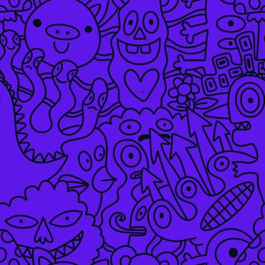 Çizgi film canavarları, ambalaj kağıtları, kumaşlar, çarşaflar, çocuk aksesuarları, moda tekstilleri ve bayram ambalajları için kusursuz bir Cadılar Bayramı deseni. Yüksek kaliteli illüstrasyon