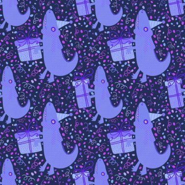 Doğum günü partisi timsah derisi ve hediye kutusu deseni kağıt, kumaş, çarşaf ve çocuk giysileri baskısı, şenlik aksesuarları ve Noel paketi için. Yüksek kaliteli illüstrasyon