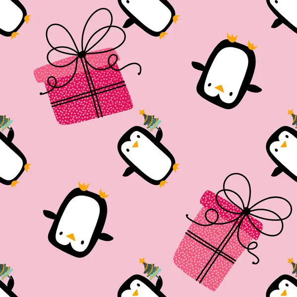 Christmas cartoon animals seamless penguin pattern for wrapping paper and fabrics and festive packaging and kids print and birthday accessories and party clothes. High quality illustration