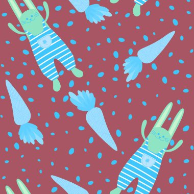 Paskalya çizgi filminde havuç deseni ambalaj kağıdı, kumaş, çarşaf, mutfak tekstili, şenlikli ambalaj ve bahar aksesuarları için. Yüksek kaliteli illüstrasyon