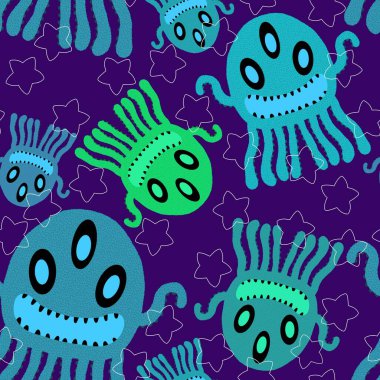 Çizgi film canavarları, ambalajsız ahtapot desenli kağıtlar ve çocuk giysileri baskılar, kumaşlar ve yaz aksesuarları ve festival ambalajları ve okul defterleri. Yüksek kaliteli illüstrasyon