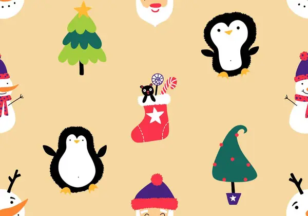 Christmas cartoon doodle seamless Santa and penguin and snowman pattern for wrapping paper and fabrics and kids clothes print and new year packaging and winter accessories. High quality illustration
