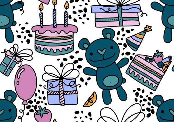 Cartoon animals seamless birthday party with bears and balloons and cake and gift box pattern for wrapping paper and fabrics and kids clothes print. High quality illustration