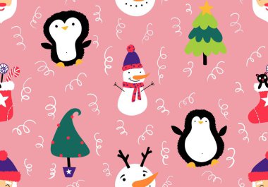 Noel karikatürü, Noel Baba, penguen ve kardan adam desenli ambalajlar, kumaşlar, çocuk giysileri baskısı, yeni yıl ambalajları ve kış aksesuarları. Yüksek kaliteli illüstrasyon