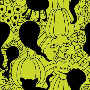 Çizgi filmlerdeki gibi kusursuz cadılar bayramı balkabakları, kedi ve canavar desenleri kağıt, kumaş, çarşaf ve çocuk aksesuarları ve moda tekstili. Yüksek kaliteli illüstrasyon