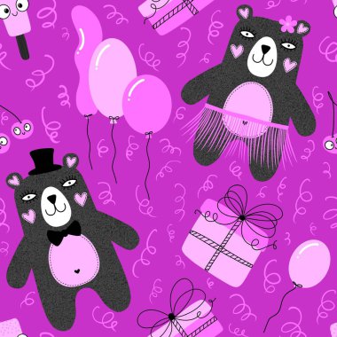 Doğum günü karikatürü hayvanları, dikişsiz ayılar, balonlar ve hediye desenleri kağıt, kumaş, çarşaf ve çocuk kıyafetleri baskısı ve sevgililer günü aksesuarları. Yüksek kaliteli illüstrasyon