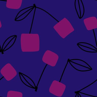 Kağıt, kumaş, çarşaf, yaz ambalajı, bahar aksesuarları, not defterleri ve moda tekstili için karikatür geometrik kiraz deseni. Yüksek kaliteli illüstrasyon