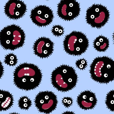 Çizgi film canavarları kağıt, kumaş, çarşaf, çocuk giysisi baskısı ve şenlikli ambalaj için kusursuz tüysüz uzaylı desenleri. Yüksek kaliteli illüstrasyon