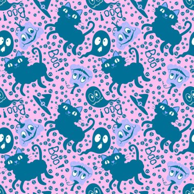 Cadılar Bayramı çizgi filmlerindeki kusursuz kediler, balkabakları ve hayalet desenli ambalaj kağıtları, kumaşlar ve çocuk giysileri baskısı ve sonbahar aksesuarları ve şenlikli ambalajlar. Yüksek kaliteli illüstrasyon