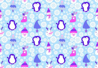 Noel karikatürü, Noel Baba, penguen ve kardan adam desenli ambalajlar, kumaşlar, çocuk giysileri baskısı, yeni yıl ambalajları ve kış aksesuarları. Yüksek kaliteli illüstrasyon