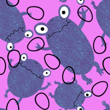 Paskalya yumurtaları ve hayvanlar kağıt, kumaş ve çarşaf sarmak için kusursuz kurbağa desenleri ve çocuk giysileri baskısı ve bayram ambalajı ve mutfak tekstili. Yüksek kaliteli illüstrasyon