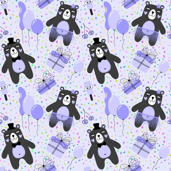 Birthday party cartoon animals seamless bears and balloons and gift pattern for wrapping paper and fabrics and linens and kids clothes print and valentines accessories. High quality illustration