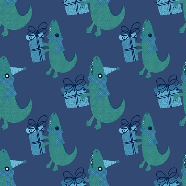 Birthday party seamless crocodile and gift box pattern for wrapping paper and fabrics and linens and kids clothes print and festive accessories and Christmas packaging. High quality illustration