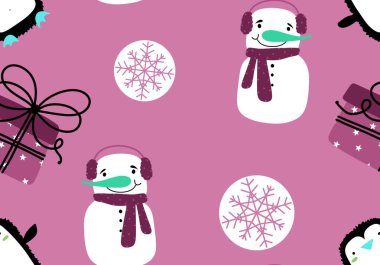 Kumaşlar, tekstil ve ambalajlar, hediyeler, kartlar, çarşaflar ve çocuklar için kusursuz kardan adam deseni.