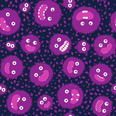 Çizgi film canavarları kağıt, kumaş, çarşaf, çocuk giysisi baskısı ve şenlikli ambalaj için kusursuz tüysüz uzaylı desenleri. Yüksek kaliteli illüstrasyon