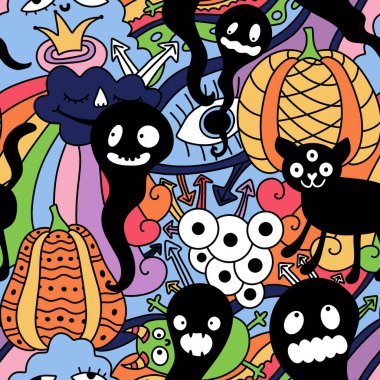 Çizgi filmlerdeki gibi kusursuz cadılar bayramı balkabakları, kedi ve canavar desenleri kağıt, kumaş, çarşaf ve çocuk aksesuarları ve moda tekstili. Yüksek kaliteli illüstrasyon