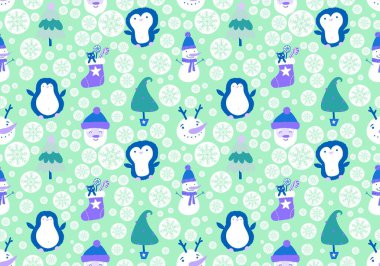 Noel karikatürü, Noel Baba, penguen ve kardan adam desenli ambalajlar, kumaşlar, çocuk giysileri baskısı, yeni yıl ambalajları ve kış aksesuarları. Yüksek kaliteli illüstrasyon