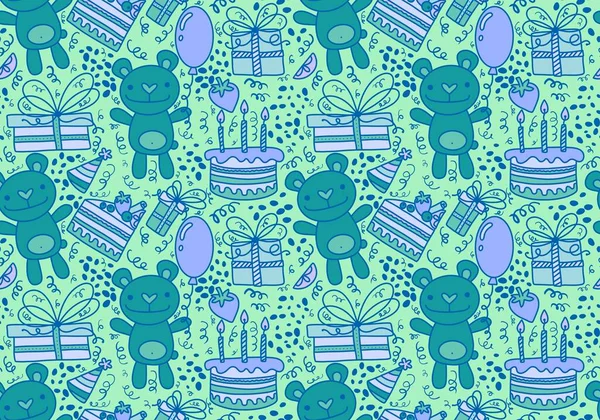 Cartoon animals seamless birthday party with bears and balloons and cake and gift box pattern for wrapping paper and fabrics and kids clothes print. High quality illustration