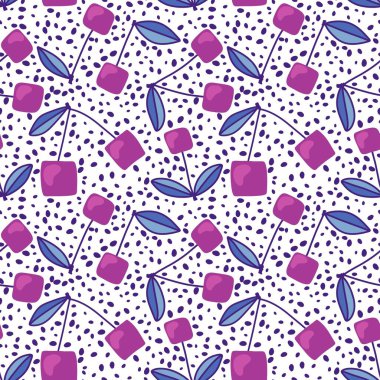 Kağıt, kumaş, çarşaf, yaz ambalajı, bahar aksesuarları, not defterleri ve moda tekstili için karikatür geometrik kiraz deseni. Yüksek kaliteli illüstrasyon