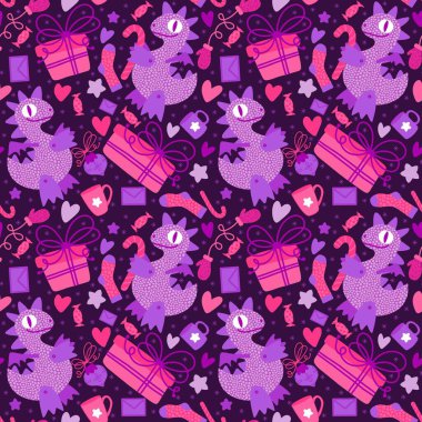 Noel ağacı dikişsiz ejderha, hediye kutusu, toplar ve penguen desenli ambalaj kağıtları, kumaşlar, kış aksesuarları, çocuk baskısı ve Noel paketi ve parti. Yüksek kaliteli illüstrasyon