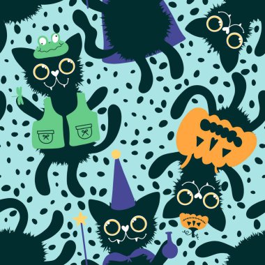 Cadılar Bayramı kedileri karikatürsüz hayvan karikatürleri karnaval kurbağaları, balkabakları ve kumaşlar, şenlik ambalajları ve sonbahar aksesuarları için büyücü desenleri. Yüksek kaliteli illüstrasyon
