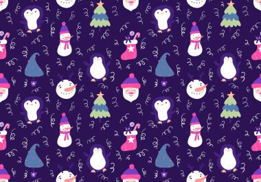 Noel karikatürü, Noel Baba, penguen ve kardan adam desenli ambalajlar, kumaşlar, çocuk giysileri baskısı, yeni yıl ambalajları ve kış aksesuarları. Yüksek kaliteli illüstrasyon