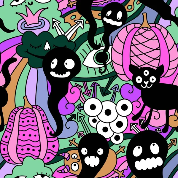 Çizgi filmlerdeki gibi kusursuz cadılar bayramı balkabakları, kedi ve canavar desenleri kağıt, kumaş, çarşaf ve çocuk aksesuarları ve moda tekstili. Yüksek kaliteli illüstrasyon