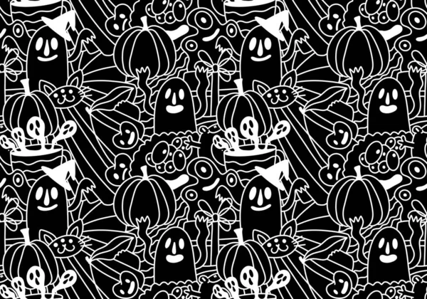 Halloween cartoon doodle seamless pumpkins and ghost pattern for wrapping paper and fabrics and linens and kids clothes print and festive packaging and autumn accessories. High quality illustration