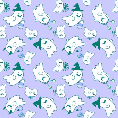 Cadılar Bayramı canavarları kağıt, kumaş, çarşaf, çocuk giysisi baskısı, şenlik ambalajı ve sonbahar aksesuarları için kusursuz hayalet desenleri. Yüksek kaliteli illüstrasyon