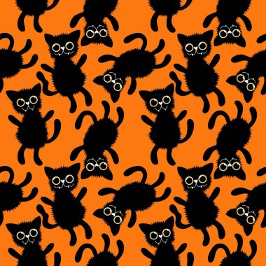 Cadılar Bayramı kedileri kağıt, kumaş, çarşaf, çocuk giysisi baskısı, şenlik ambalajı ve sonbahar aksesuarları için kusursuz çizgi film hayvan desenleri. Yüksek kaliteli illüstrasyon