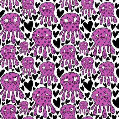 Sevgililer Günü 'nde kağıt, kumaş, çarşaf, çocuk giysisi baskısı, şenlikli aksesuarlar ve Şubat ambalajları için kusursuz ahtapot desenleri. Yüksek kaliteli illüstrasyon