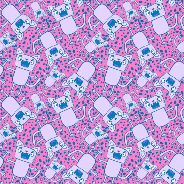 Çizgi film gerici hayvanlar kağıt, kumaş, çarşaf, çocuk giysisi baskısı, parti aksesuarları ve paketleme için kusursuz kedi desenleri. Yüksek kaliteli illüstrasyon