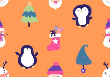 Noel karikatürü, Noel Baba, penguen ve kardan adam desenli ambalajlar, kumaşlar, çocuk giysileri baskısı, yeni yıl ambalajları ve kış aksesuarları. Yüksek kaliteli illüstrasyon