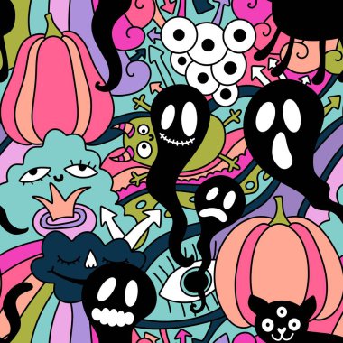 Çizgi filmlerdeki gibi kusursuz cadılar bayramı balkabakları, kedi ve canavar desenleri kağıt, kumaş, çarşaf ve çocuk aksesuarları ve moda tekstili. Yüksek kaliteli illüstrasyon