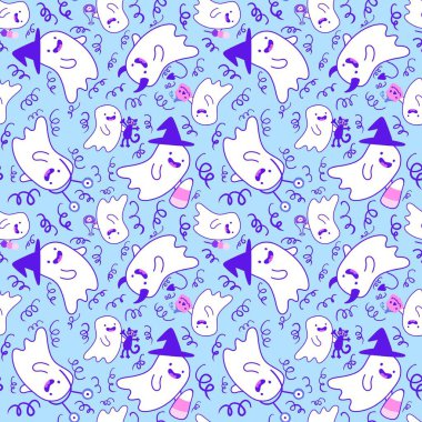 Cadılar Bayramı canavarları kağıt, kumaş, çarşaf, çocuk giysisi baskısı, şenlik ambalajı ve sonbahar aksesuarları için kusursuz hayalet desenleri. Yüksek kaliteli illüstrasyon