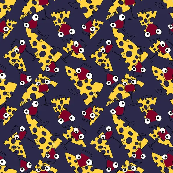 Cartoon doodle seamless glasses of wine and cheese pattern for wrapping paper and fabrics and linens and fashion textiles and party accessories and festive packaging. High quality illustration
