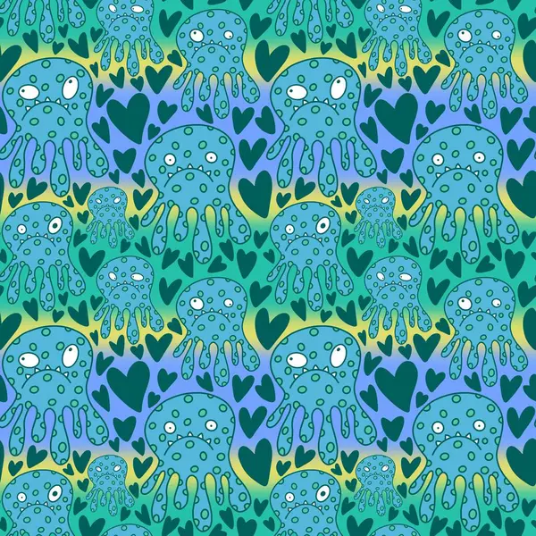 Valentines hearts seamless octopus monsters pattern for wrapping paper and fabrics and linens and kids clothes print and festive accessories and February packaging. High quality illustration