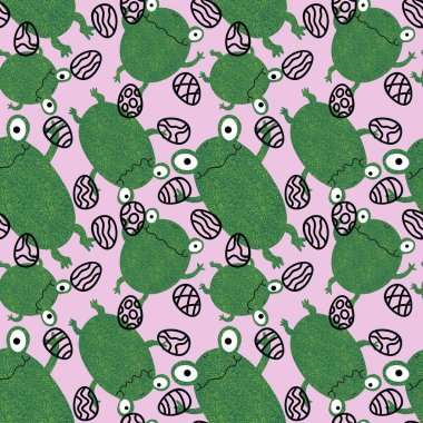 Paskalya yumurtaları ve hayvanlar kağıt, kumaş ve çarşaf sarmak için kusursuz kurbağa desenleri ve çocuk giysileri baskısı ve bayram ambalajı ve mutfak tekstili. Yüksek kaliteli illüstrasyon