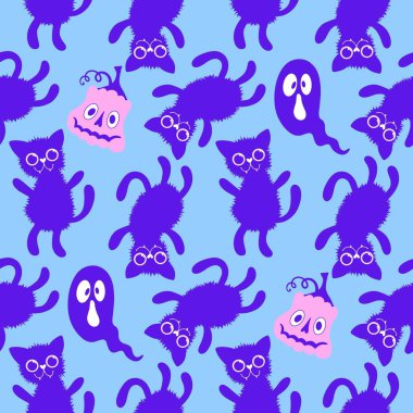 Cadılar Bayramı kedileri kağıt, kumaş, çarşaf, çocuk giysisi baskısı, şenlik ambalajı ve sonbahar aksesuarları için kusursuz çizgi film hayvan desenleri. Yüksek kaliteli illüstrasyon