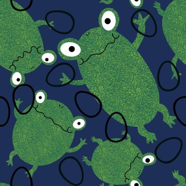 Paskalya yumurtaları ve hayvanlar kağıt, kumaş ve çarşaf sarmak için kusursuz kurbağa desenleri ve çocuk giysileri baskısı ve bayram ambalajı ve mutfak tekstili. Yüksek kaliteli illüstrasyon