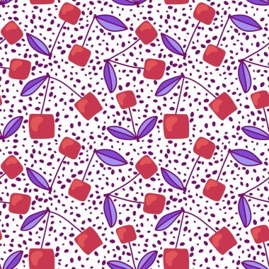 Kağıt, kumaş, çarşaf, yaz ambalajı, bahar aksesuarları, not defterleri ve moda tekstili için karikatür geometrik kiraz deseni. Yüksek kaliteli illüstrasyon