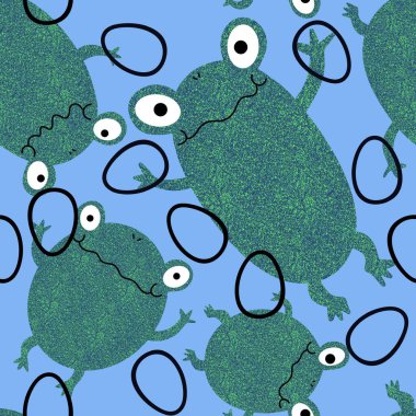 Paskalya yumurtaları ve hayvanlar kağıt, kumaş ve çarşaf sarmak için kusursuz kurbağa desenleri ve çocuk giysileri baskısı ve bayram ambalajı ve mutfak tekstili. Yüksek kaliteli illüstrasyon