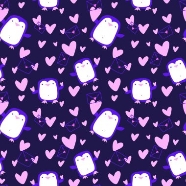 Sevgililer Günü 'nde kalpsiz penguenler kağıt, kumaş, çarşaf, çocuk giysisi baskısı, şenlikli paketleme ve parti aksesuarları için aşk deseni. Yüksek kaliteli illüstrasyon