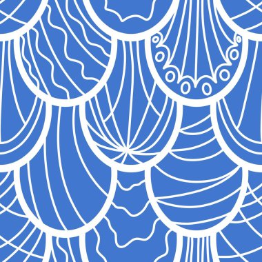 Soyut karikatür karalamaları kağıt, kumaş, çarşaf, çocuk giysisi baskısı, şenlikli aksesuarlar ve yaz ambalajları için dikişsiz deniz kızı pulları deseni. Yüksek kaliteli illüstrasyon