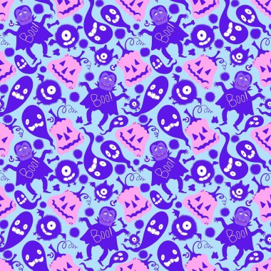 Cadılar Bayramı çizgi filmlerinde kusursuz vampirler, canavarlar, balkabakları ve hayalet desenleri ambalaj kağıtları, kumaşlar, sonbahar aksesuarları ve şenlikli ambalajlar. Yüksek kaliteli illüstrasyon