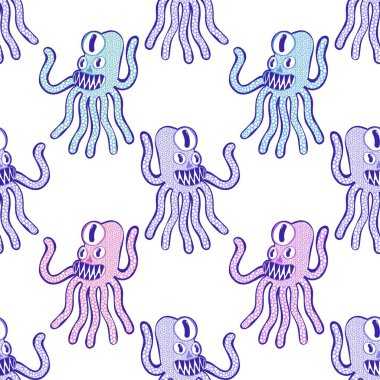 Çizgi film canavarları kağıt, kumaş, çarşaf, çocuk giysisi baskısı, yaz aksesuarları ve ergen tekstil ürünleri için kusursuz ahtapot deseni. Yüksek kaliteli illüstrasyon