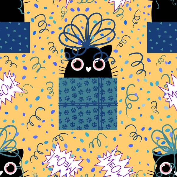 Birthday gift box with cats seamless pattern for wrapping paper and fabrics and linens and kids clothes print and festive packaging and party accessories. High quality illustration