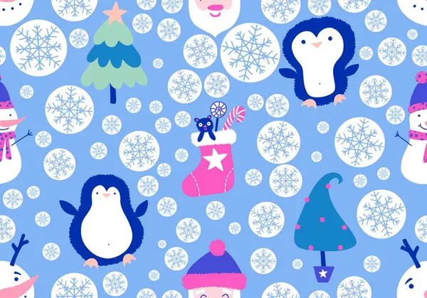 Рождественский Мультфильм Каракули Бесшовные Санта Пингвин Снеговик Шаблон Упаковки Бумаги — стоковое фото