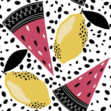 Yaz meyvesiz karpuz ve limon desenli ambalaj kağıdı, kumaş, çarşaf ve çocuk giysileri baskısı ve şenlikli paketleme ve parti aksesuarları. Yüksek kaliteli illüstrasyon